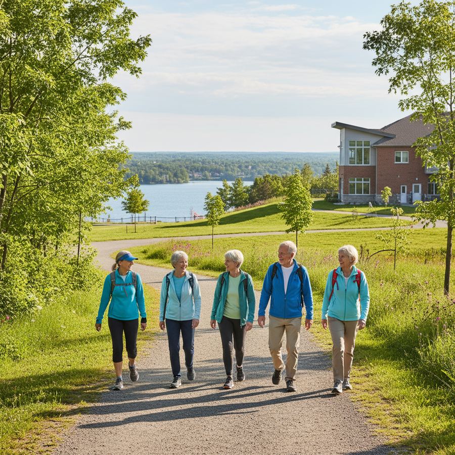 Older adults walking together on a lakeside trail