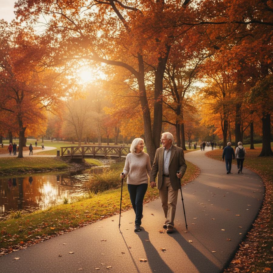 Active seniors enjoying a community park