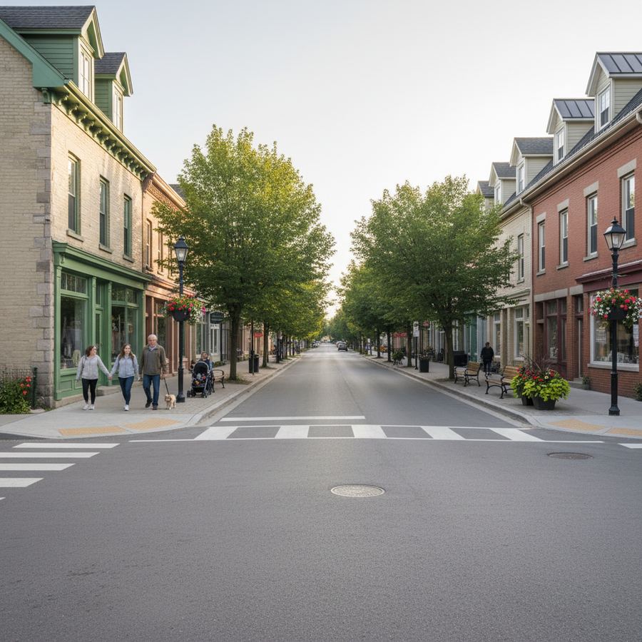 Tree-lined main street in a small Ontario town